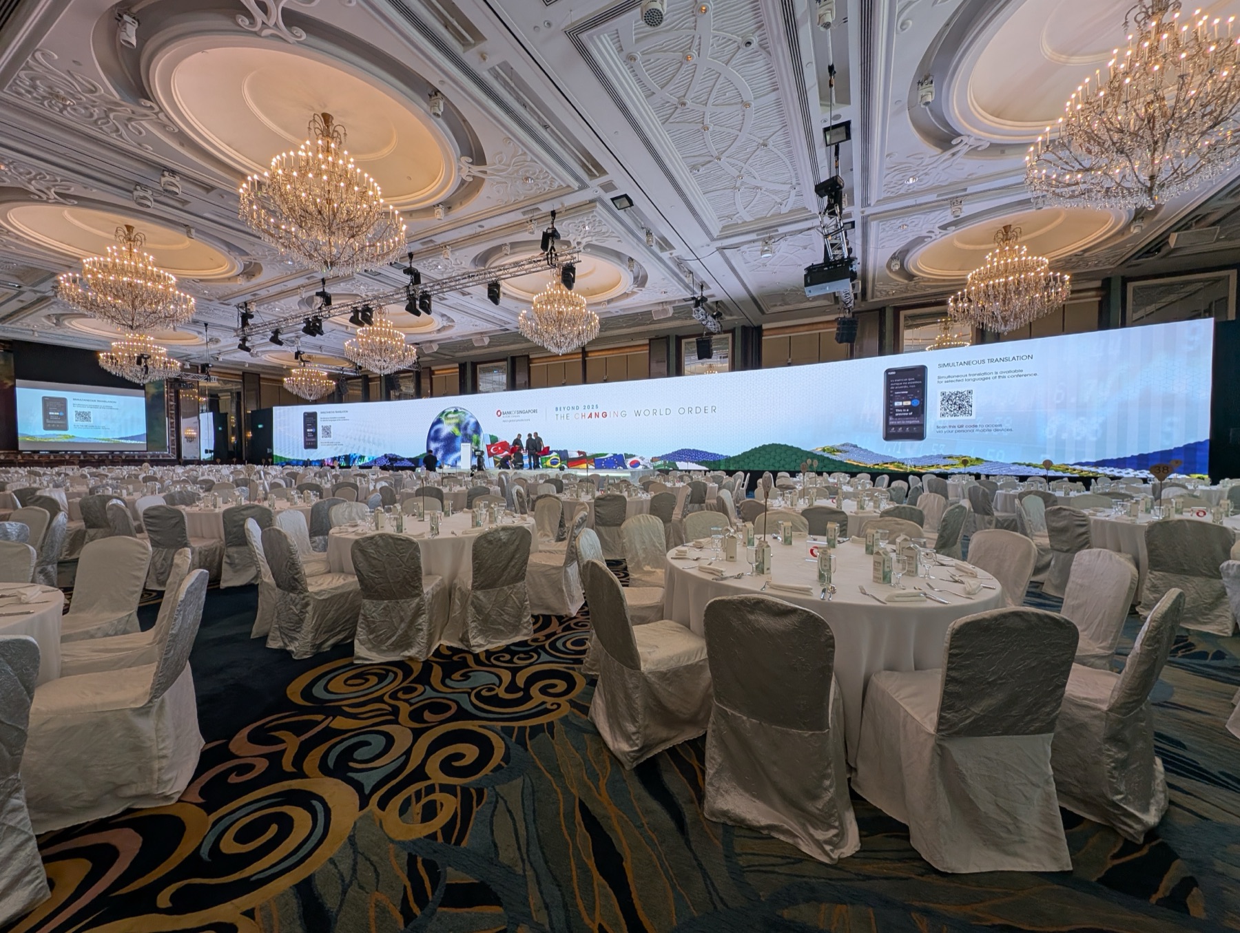 Investment roundtable setup with triple LED wall and full ballroom audience