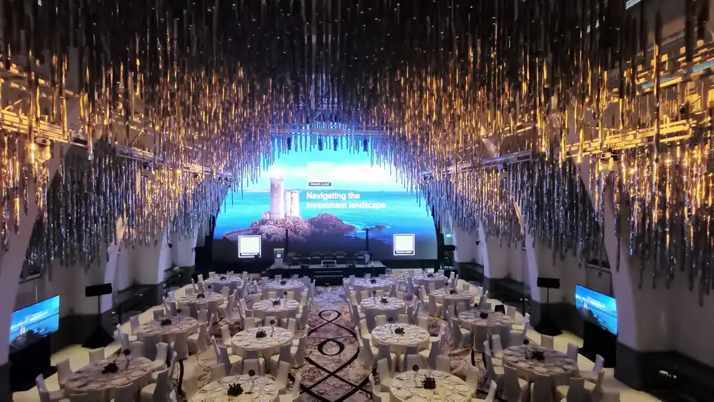 Corporate ballroom conference setup with stage screen and production systems