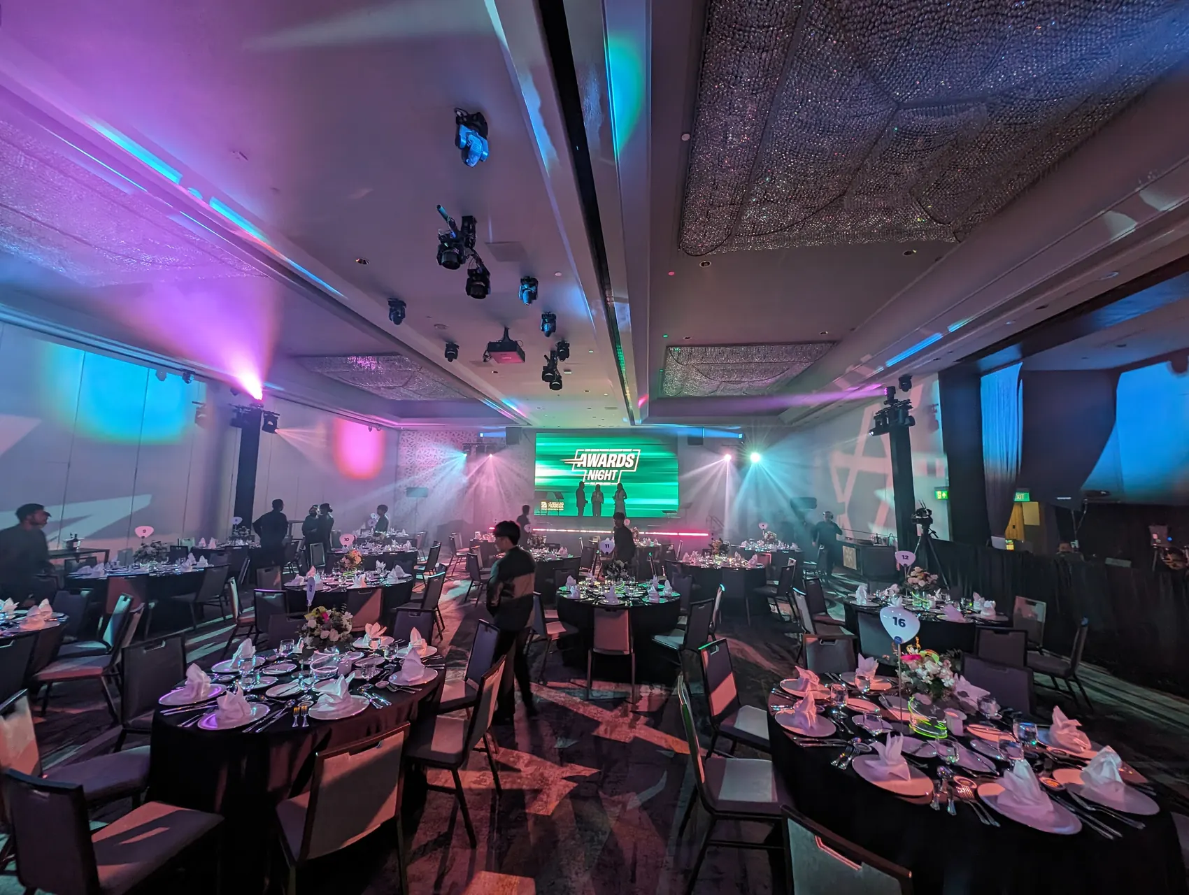 Hybrid event room with lighting, cameras and screens